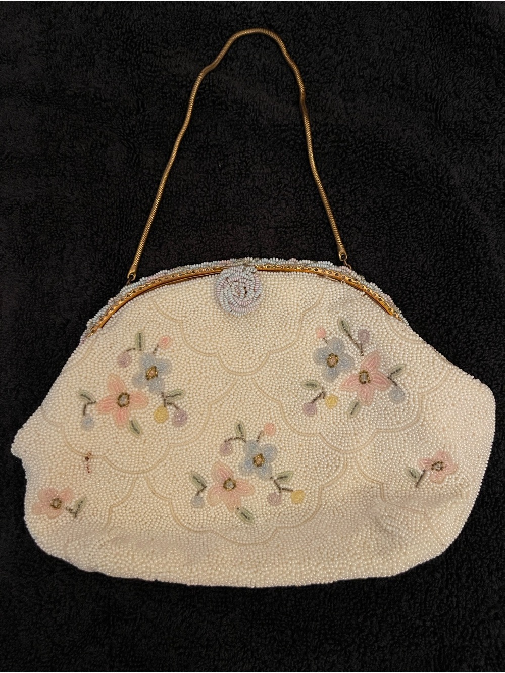 Antique Hand Beaded Purse Made in France Caprice Opera White Floral Handbag